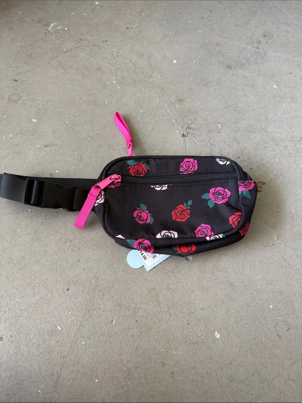 Cat & Jack Black Rose Print Waist Bag with Pink Zipper Pulls
